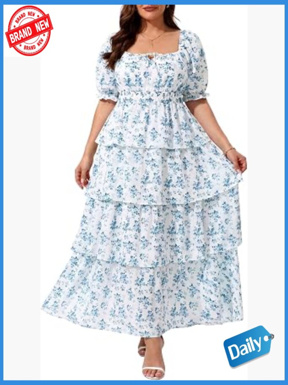 Plus Size Floral Puff Sleeve Tiered Ruffle Maxi Sundress